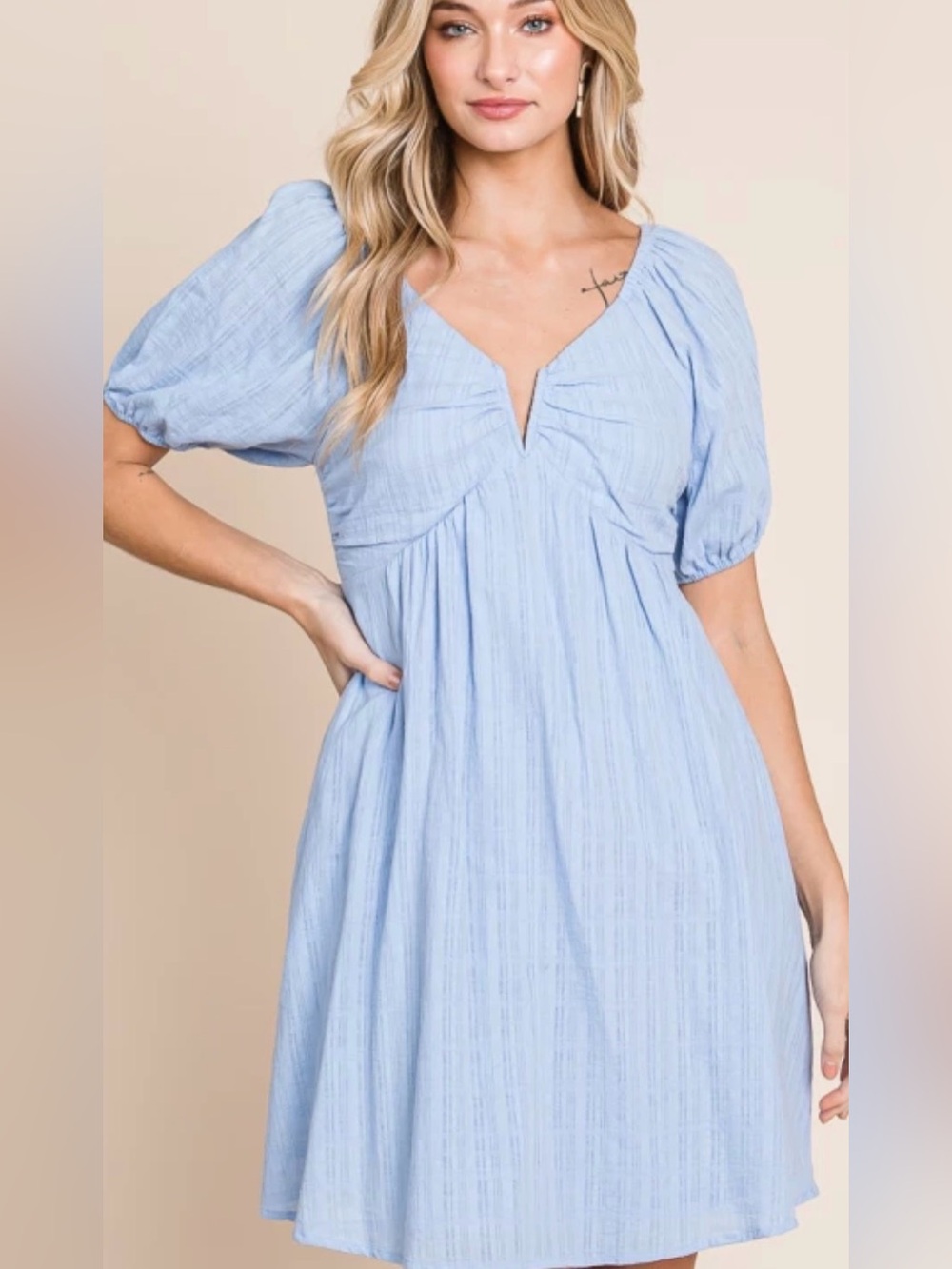 Sky Blue V-Neck Puff Sleeve Midi Dress